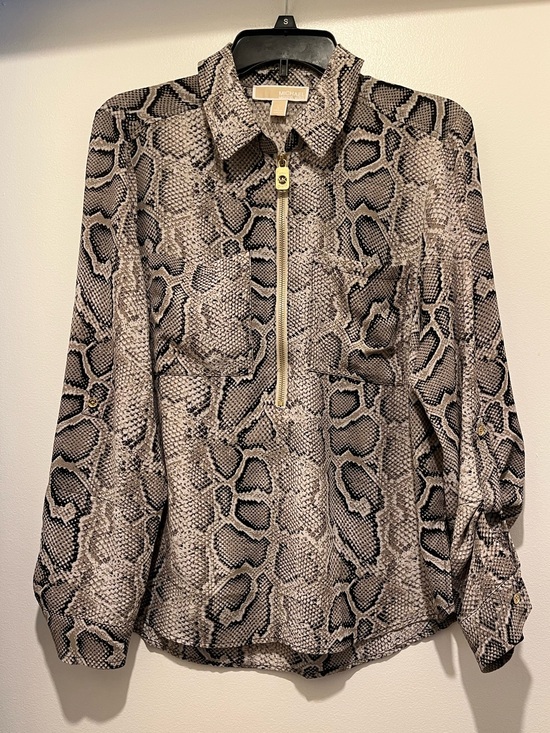 Michael Kors Tops - Michael Kors Neutral Snake-Print Half-Zip Blouse